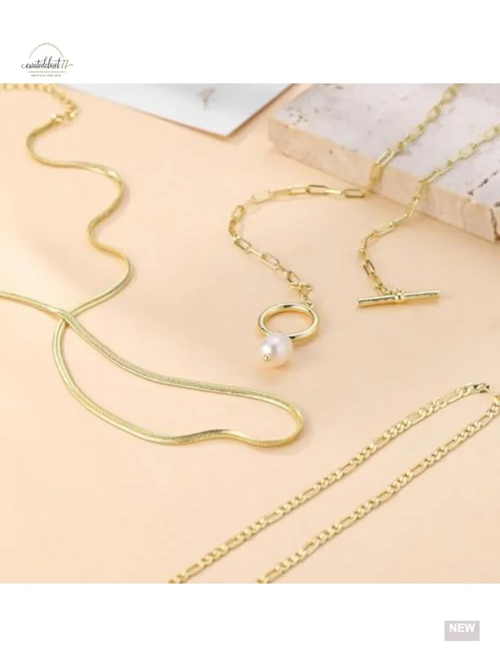 Dainty 14k Gold Plated Stackable Choker Necklaces Set with Pearl Pendant